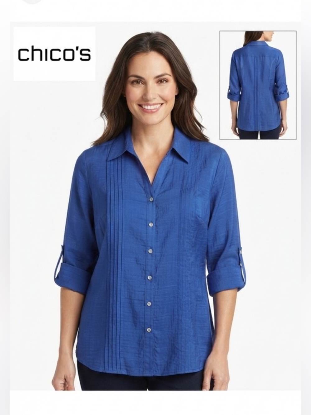 Chico’s Pleated Button Up Roll Tab Sleeves Blue Tunic 1 (Medium)